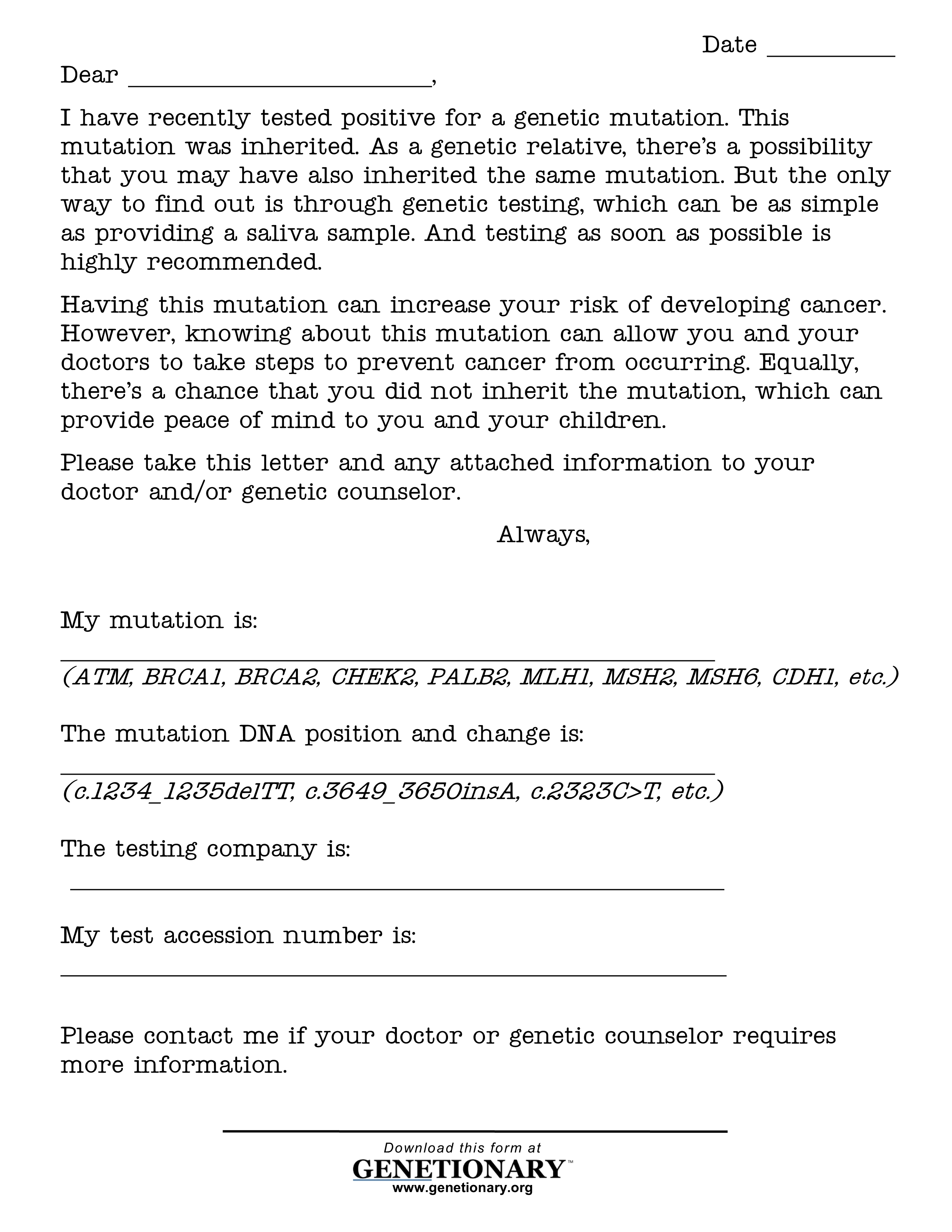 Letter for sharing Mutation Info with family